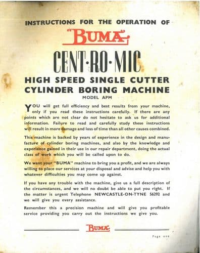 Buma High Speed Single Cutter Cylinder Boring Machine 'Centromic' Operators Manual Cent-Ro-Mic