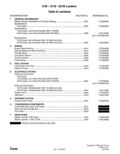 Case 21B 121B & 221B Wheel Loader Workshop Service Manual