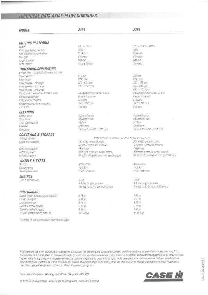 Case 2366 2388 Technical Specifications Data Axial-Flow Combines