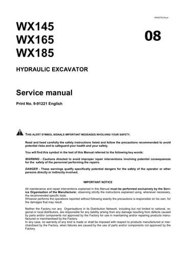 Case Hydraulic Excavator WX145 WX165 WX185 Workshop Service Manual