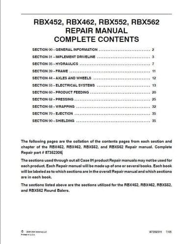 Case IH Round Baler RBX452 RBX462 RBX552 RBX562 Workshop Service Repair Manual