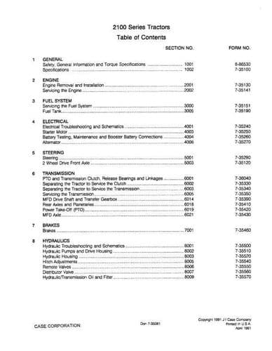 Case IH Tractor 2120 2130 2140 2150 Workshop Service Manual