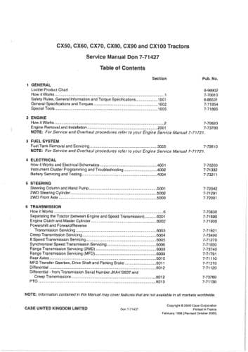 Case  IH Tractor CX50 CX60 CX70 CX80 CX90 CX100 Workshop Service Repair Manual