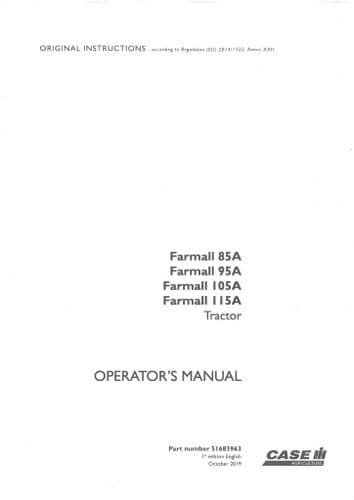 Case IH Tractor Farmall 85A 95A 105A 115A Operators Manual