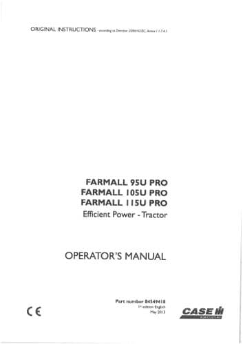 Case IH Tractor Farmall 95U Pro  105U Pro 115U Pro Operators Manual 95 105 115 U