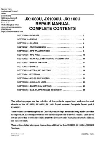 Case IH Tractor JXU Range -  JX1080U JX1090U JX1100U Workshop Service Manual