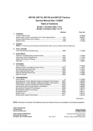 Case IH  Tractor MX100 MX110 MX120 & MX135  Workshop Service Repair Manual