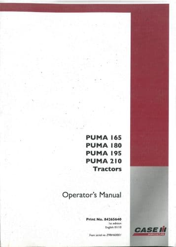 Case IH Tractor Puma 165 180 195 210 Operators Manual - ORIGINAL MANUAL