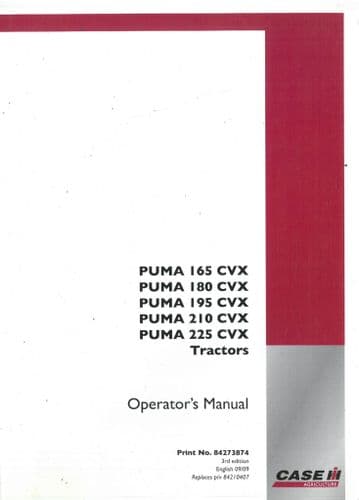 Case IH Tractor Puma 165CVX 180CVX 195CVX 210CVX 225CVX Operators Manual - ORIGINAL