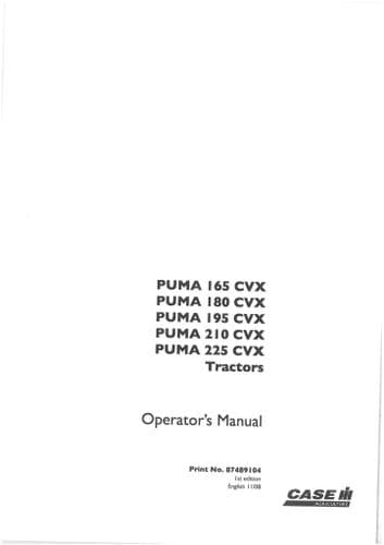 Case IH Tractor Puma 165CVX 180CVX 195CVX 210CVX 225CVX Operators Manual