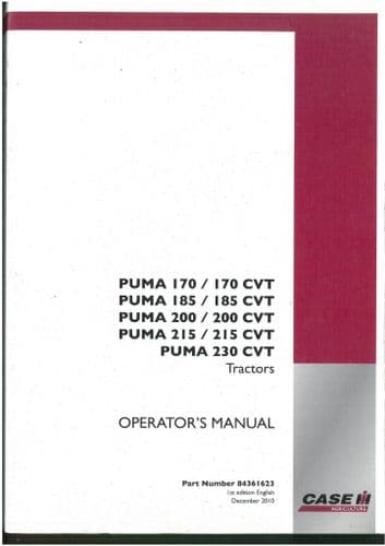 Case IH Tractor Puma 170/170CVT 185/185CVT 200/200CVT 215/215CVT 230CVT Operators Manual