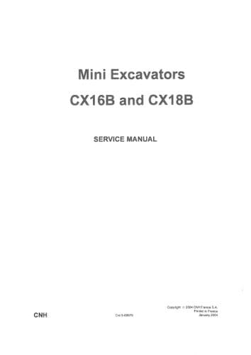 Case Mini Excavator CX16B & CX18B Workshop Service Manual