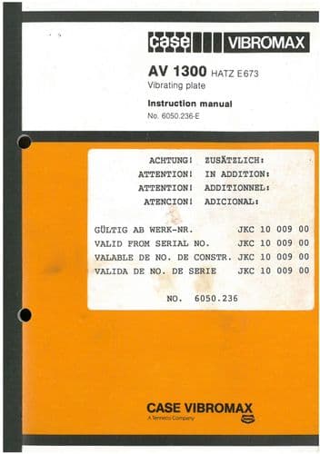 Case Vibromax AV1300 HATZ E673 Vibrating Plate Operators Manual AV 1300