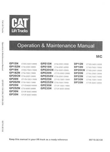 Caterpillar Forklift Lift Truck DP15N/DP18N/DP20CN Operators Manual