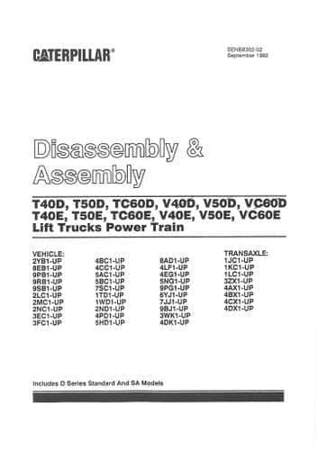 Caterpillar Forklift Lift Truck T50E TC60R V40E V50E VC60E Diesel XD3P Engine Workshop Manual