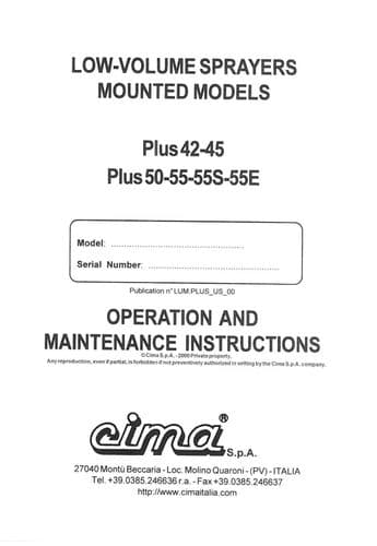 Cima Low Volume Mounted Sprayer Plus 42-45 Plus 50-55-55S-55E Operators Manual