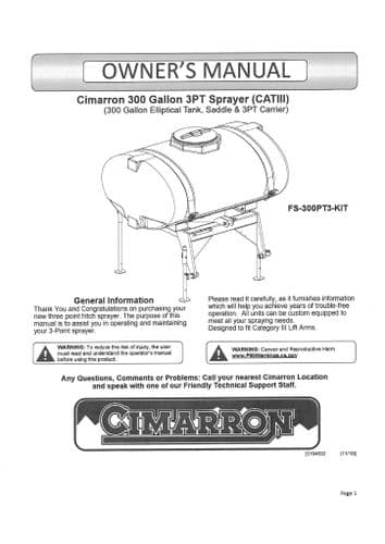 Cimarron 3 Point Sprayer 300 Gallon CATIII Operators Manual