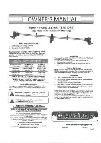 Cimarron 9 Boomless Nozzle Kit FSBK3025BL Operators Manual