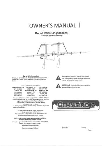 Cimarron 9 Nozzle Boom Kit FSBK13 Operators Manual