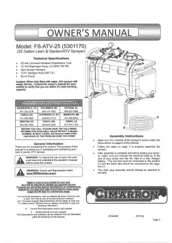 Cimarron ATV Lawn and Garden Spot Sprayer FSATV25 Gallon Operators Manual