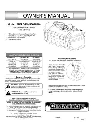 Cimarron ATV Lawn and Garden Spot Sprayer Gold15 Gallon Operators Manual