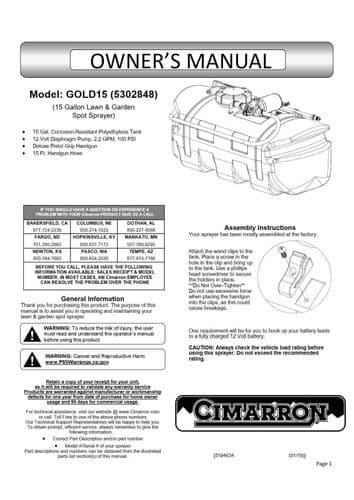 Cimarron ATV Lawn and Garden Spot Sprayer Gold15 Gallon Operators Manual