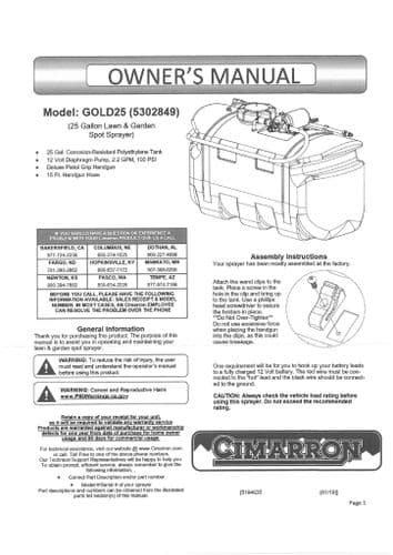 Cimarron ATV Lawn and Garden Spot Sprayer Gold25 Gallon Operators Manual