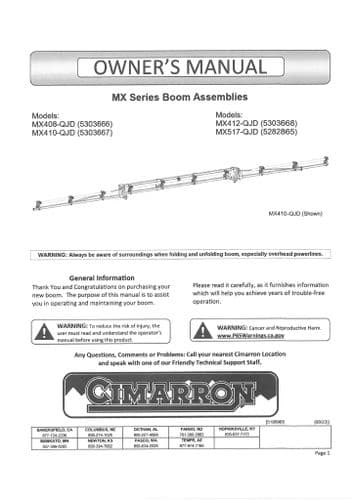Cimarron Boom Assemblies MX408QJD MX410QJD MX412QJD MX517QJD Operators Manual