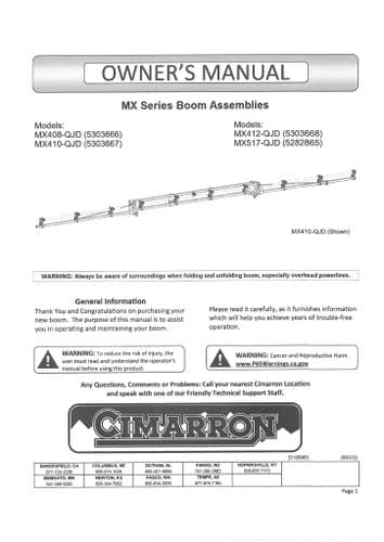 Cimarron Boom Assemblies MX408QJD MX410QJD MX412QJD MX517QJD Operators Manual