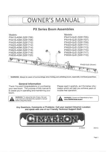 Cimarron Boom Assemblies PX413 PX416 PX420 PX423 PX620 PX623 PX626 PX630 (QJD) Operators Manual