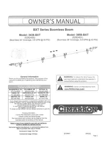 Cimarron Boomless Boom 3438BXT 3858BXT Operators Manual