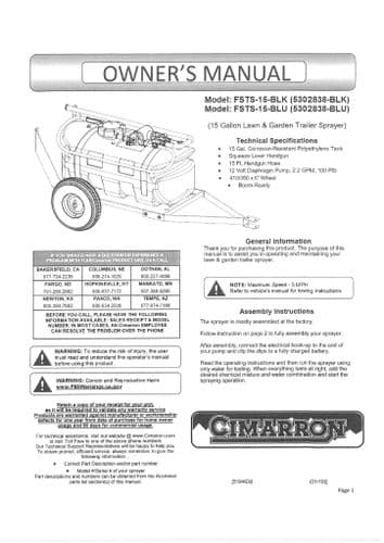 Cimarron Lawn and Garden Trailer Sprayer 15 Gallon FSTS15BLK & FSTS15BLU Operators Manual