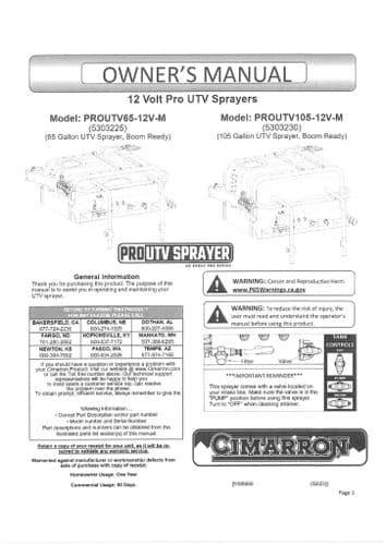 Cimarron Lawn and Garden UTV Sprayer 65 Gallon PROUTV65-12VM 105 Gallon PROUTV105-12VM Operators Man