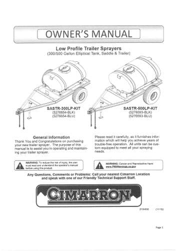 Cimarron Low Profile Trailer Sprayer 300 & 500 Gallon SASTR300LP & SASTR500LP Operators Manual