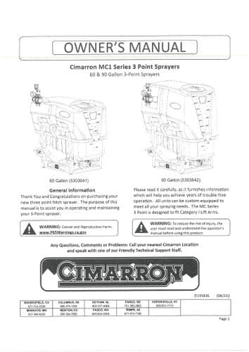 Cimarron MC1 3 Point Sprayer 60 & 90 Gallon Operators Manual