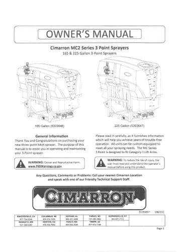 Cimarron MC2 3 Point Sprayer 165 & 225 Gallon Operators Manual