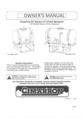 Cimarron QT 3 Point Sprayer 110, 150 & 200 Gallon Operators Manual