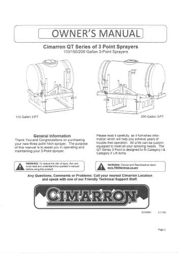Cimarron QT 3 Point Sprayer 110, 150 & 200 Gallon Operators Manual