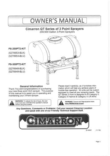 Cimarron QT 3 Point Sprayer 200 & 300 Gallon Operators Manual