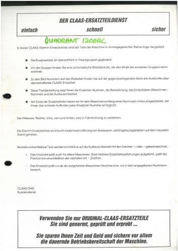 Claas Baler Quadrant 1200RC Parts Manual