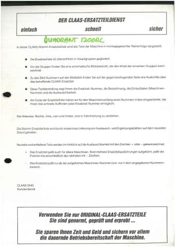 Claas Baler Quadrant 1200RC Parts Manual