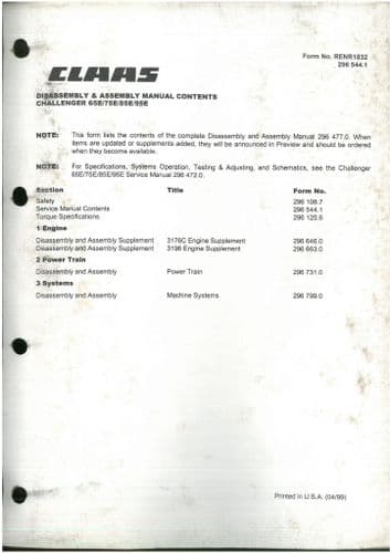 Claas Challenger Tractor 65E 75E 85E & 95E Disassembly & Assembly Manual