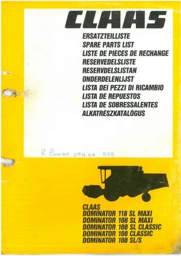 Claas Combine Dominator 118 SL/Maxi 108 SL/Maxi 108 SL/Classic 108 Classic 108SL/S Parts Manual