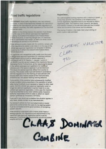 Claas Combine Dominator 78 78SL 88 88SL 98 98SL 108 108SL 118SL Maxi & Classic Operators Manual