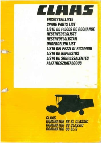 Claas Combine Dominator 88 SL Classic, 88 Classic & 88 SL/S Parts Manual