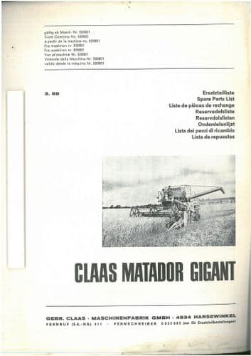 Claas Combine Matador Gigant Parts Manual