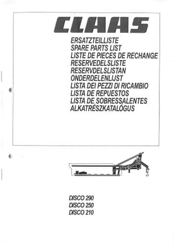 Claas Disco Mower 210 250 290 Parts Manual