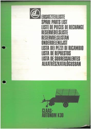 Claas Forage Wagon Autonom K30 Parts Manual - ORIGINAL