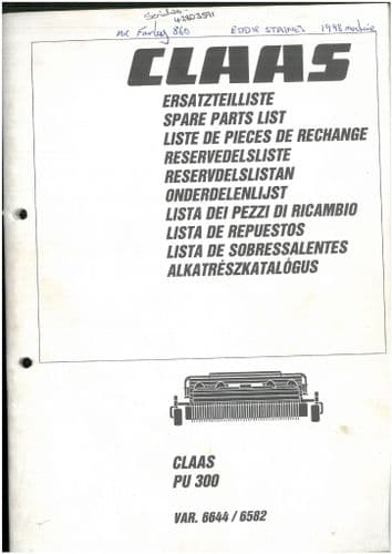 Claas Pick Up for Forage Harvester PU300 Parts Manual