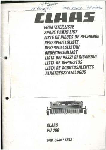 Claas Pick Up for Forage Harvester PU300 Parts Manual